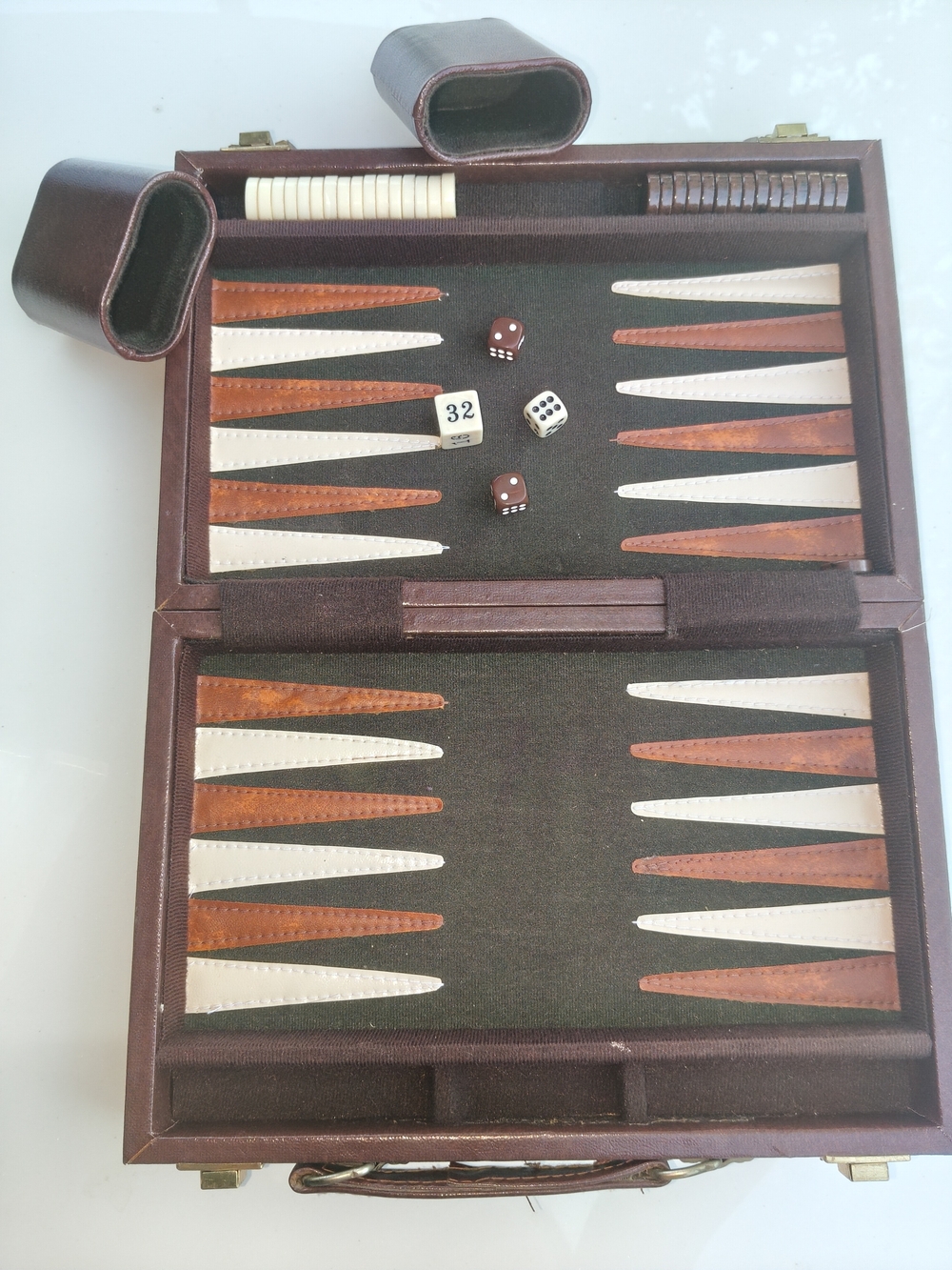 Classic Brown Leather Backgammon Set with Cream & Tan Points